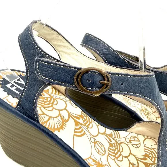 Fly London Blue Leather Yanca Wedge Sandals Heels Size 41 / 10-10.5 - Picture 2 of 7